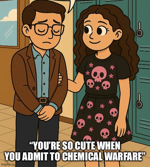 Trauma bond girlfriend | “YOU’RE SO CUTE WHEN YOU ADMIT TO CHEMICAL WARFARE” | image tagged in dark humor,trauma bonding | made w/ Imgflip meme maker