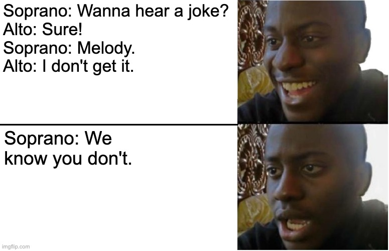 Disappointed Black Guy | Soprano: Wanna hear a joke?
Alto: Sure!
Soprano: Melody.
Alto: I don't get it. Soprano: We know you don't. | image tagged in disappointed black guy | made w/ Imgflip meme maker