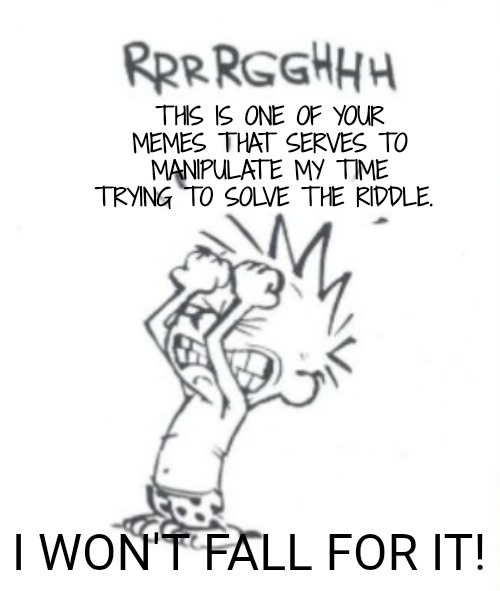 Frustrating | THIS IS ONE OF YOUR MEMES THAT SERVES TO MANIPULATE MY TIME TRYING TO SOLVE THE RIDDLE. I WON'T FALL FOR IT! | image tagged in frustrating | made w/ Imgflip meme maker