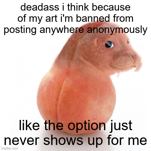 lol. lmao, even. | deadass i think because of my art i'm banned from posting anywhere anonymously; like the option just never shows up for me | made w/ Imgflip meme maker