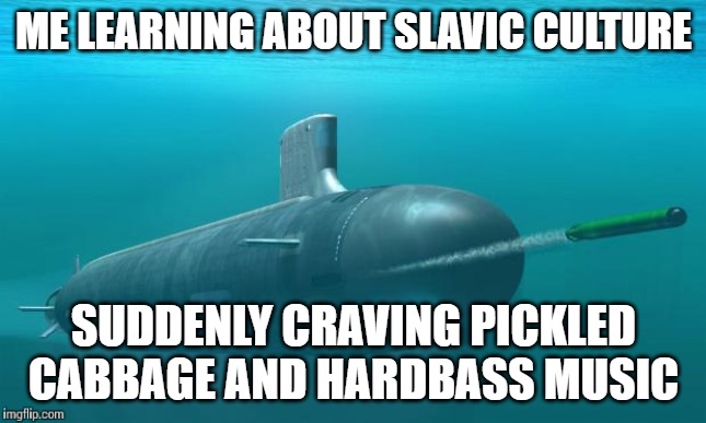 Submarine firing torpedo | ME LEARNING ABOUT SLAVIC CULTURE; SUDDENLY CRAVING PICKLED CABBAGE AND HARDBASS MUSIC | image tagged in submarine firing torpedo,slavic submarine | made w/ Imgflip meme maker