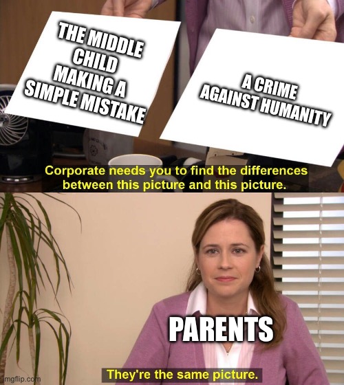 They are the same picture | THE MIDDLE CHILD MAKING A SIMPLE MISTAKE; A CRIME AGAINST HUMANITY; PARENTS | image tagged in they are the same picture,parents,crime,memes,mistake | made w/ Imgflip meme maker