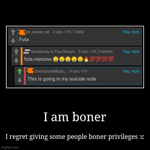 I am boner | I am boner | I regret giving some people boner privileges :c | image tagged in funny,demotivationals | made w/ Imgflip demotivational maker