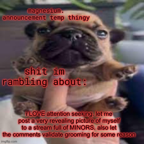 this worlds gone to actual shit dude | i LOVE attention seeking. let me post a very revealing picture of myself to a stream full of MINORS. also let the comments validate grooming for some reason | image tagged in pug temp | made w/ Imgflip meme maker