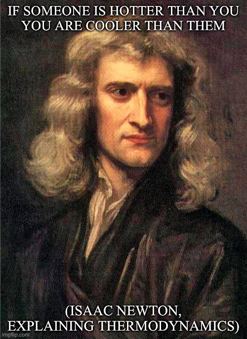 Science, bitches | IF SOMEONE IS HOTTER THAN YOU
YOU ARE COOLER THAN THEM; (ISAAC NEWTON, EXPLAINING THERMODYNAMICS) | image tagged in isaac newton,science,physics,hot,cooler | made w/ Imgflip meme maker