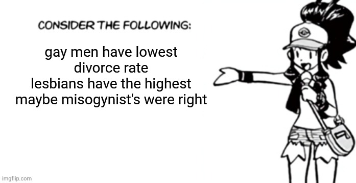 Consider the following pokespe | gay men have lowest divorce rate
lesbians have the highest
maybe misogynist's were right | image tagged in consider the following pokespe | made w/ Imgflip meme maker