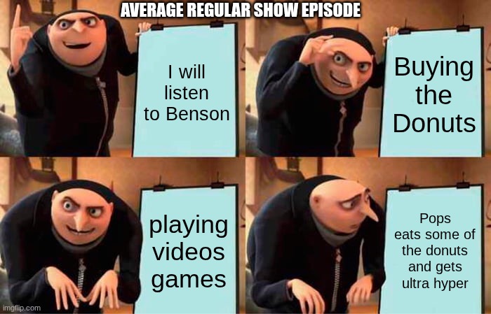 Average regular show episode | AVERAGE REGULAR SHOW EPISODE; I will listen to Benson; Buying the Donuts; playing videos games; Pops eats some of the donuts and gets ultra hyper | image tagged in memes,gru's plan | made w/ Imgflip meme maker