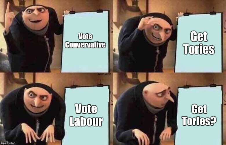 Gru's Whiteboard | Vote Convervative; Get Tories; Vote Labour; Get Tories? | image tagged in gru's whiteboard | made w/ Imgflip meme maker