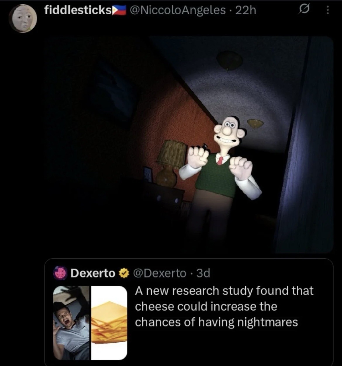 cheese | image tagged in wallace and gromit,fnaf 4,fnaf,twitter | made w/ Imgflip meme maker
