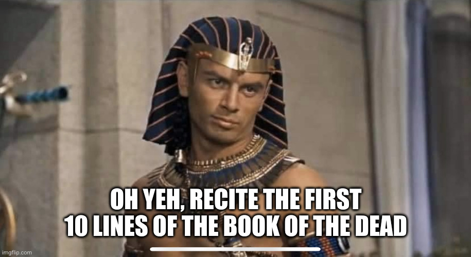 Pharaoh - First time? | OH YEH, RECITE THE FIRST 10 LINES OF THE BOOK OF THE DEAD | image tagged in pharaoh - first time | made w/ Imgflip meme maker