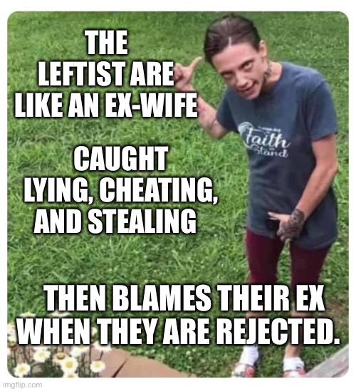 Proof is in the pudding | THE LEFTIST ARE LIKE AN EX-WIFE; CAUGHT LYING, CHEATING, AND STEALING; THEN BLAMES THEIR EX WHEN THEY ARE REJECTED. | image tagged in hosed karen | made w/ Imgflip meme maker