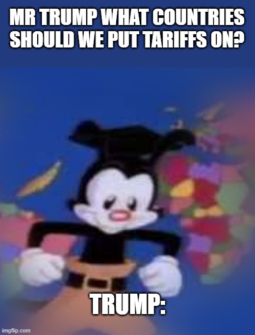 Trump be like | MR TRUMP WHAT COUNTRIES SHOULD WE PUT TARIFFS ON? TRUMP: | image tagged in yakko | made w/ Imgflip meme maker