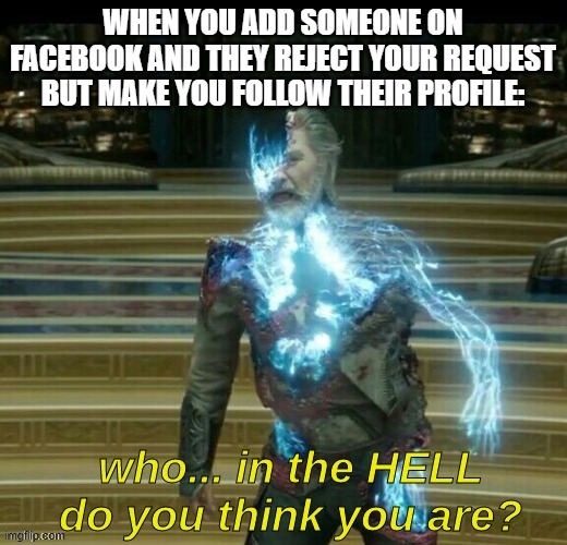 I hate people who do this... | WHEN YOU ADD SOMEONE ON FACEBOOK AND THEY REJECT YOUR REQUEST BUT MAKE YOU FOLLOW THEIR PROFILE: | image tagged in ego who do you think you are | made w/ Imgflip meme maker
