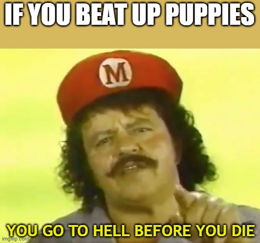 Mario says | IF YOU BEAT UP PUPPIES; YOU GO TO HELL BEFORE YOU DIE | image tagged in you go to hell before you die,memes,dogs | made w/ Imgflip meme maker