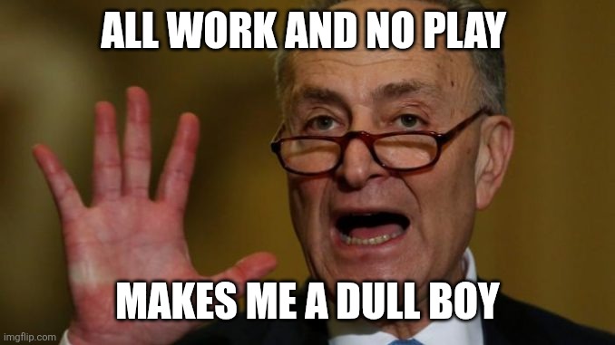 Chuck all work | ALL WORK AND NO PLAY; MAKES ME A DULL BOY | image tagged in chuck schumer,funny memes | made w/ Imgflip meme maker