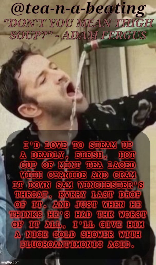 Wanna Talk About Hell, Boy? Wanna Get Cocky About Smth That Never Really Happened? I Can Show You Hell, Boy, Real Hell | I'D LOVE TO STEAM UP
A DEADLY, FRESH,  HOT
CUP OF MINT TEA LACED
WITH CYANIDE AND CRAM
IT DOWN SAM WINCHESTER'S
THROAT. EVERY LAST DROP
OF IT. AND JUST WHEN HE
THINKS HE'S HAD THE WORST
OF IT ALL, I'LL GIVE HIM
A NICE COLD SHOWER WITH
FLUOROANTIMONIC ACID. | image tagged in tnab thigh soup,your angel slut bf cant save you this time,fuck sam winchester,in the ass with a rusted crowbar,rant post | made w/ Imgflip meme maker