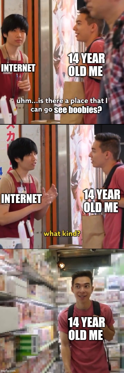 Buy hentai? | INTERNET; 14 YEAR OLD ME; see boobies? INTERNET; 14 YEAR OLD ME; 14 YEAR OLD ME | image tagged in buy hentai | made w/ Imgflip meme maker