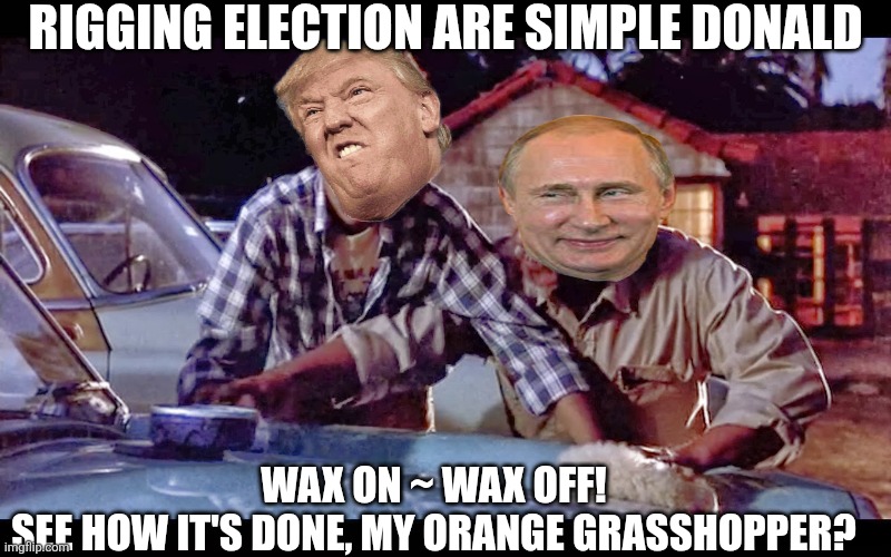wax on wax off | RIGGING ELECTION ARE SIMPLE DONALD WAX ON ~ WAX OFF!
SEE HOW IT'S DONE, MY ORANGE GRASSHOPPER? | image tagged in wax on wax off | made w/ Imgflip meme maker