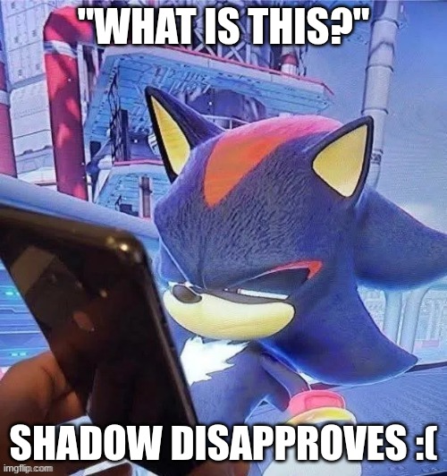 shadow dissaproves | "WHAT IS THIS?"; SHADOW DISAPPROVES :( | image tagged in shadow dissaproves | made w/ Imgflip meme maker