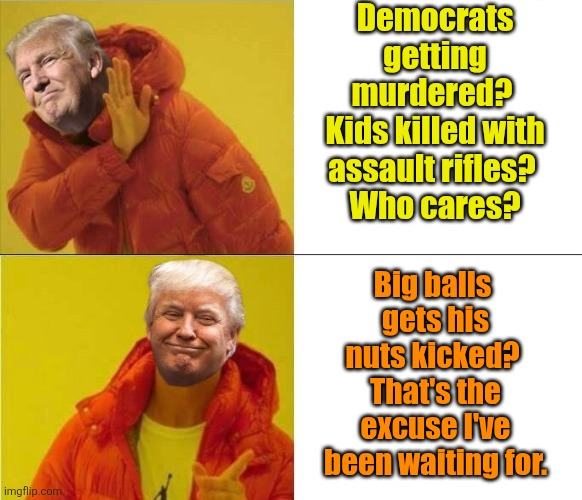 Trump Drakeposting | Democrats getting murdered? 
Kids killed with assault rifles? 
Who cares? Big balls 
gets his nuts kicked? 
That's the excuse I've been wait | image tagged in trump drakeposting | made w/ Imgflip meme maker