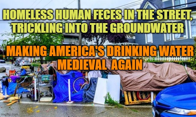 ENABLING the intravenous Narcotics Lifestyle, has Public Health Consequences for ALL | HOMELESS HUMAN FECES IN THE STREET,
TRICKLING INTO THE GROUNDWATER; MAKING AMERICA'S DRINKING WATER
MEDIEVAL  AGAIN | image tagged in public domain,homeless,drug addiction,holy water,safety first,sewer | made w/ Imgflip meme maker