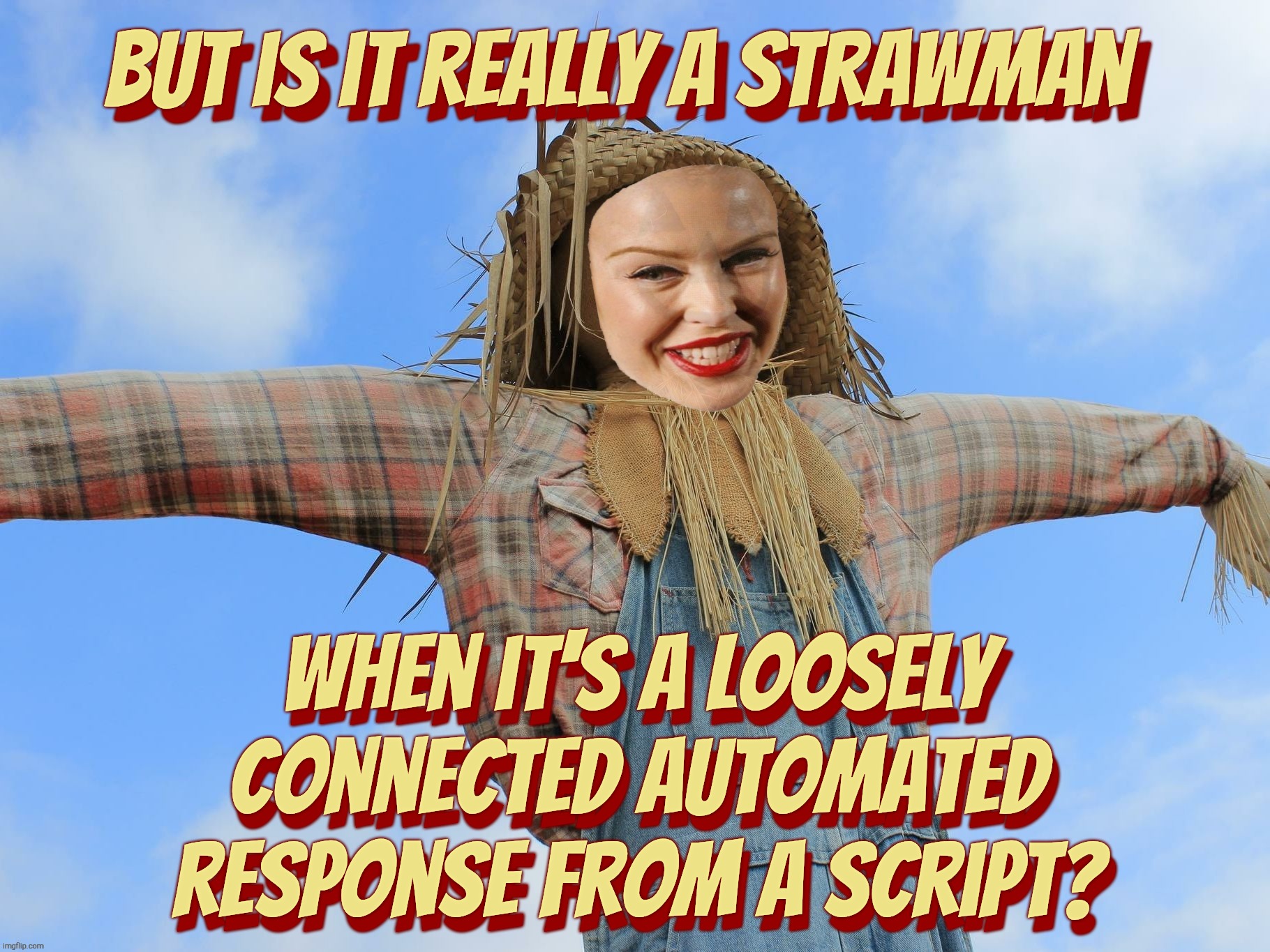 It looks like a Strawman, but it's really just lines from a script | But is it really a Strawman; But is it really a Strawman; When it's a loosely connected automated response from a script? When it's a loosely connected automated response from a script? | image tagged in kylie strawman,strawman,or script,it's a dirty job,but some bot's got to do it,shills | made w/ Imgflip meme maker
