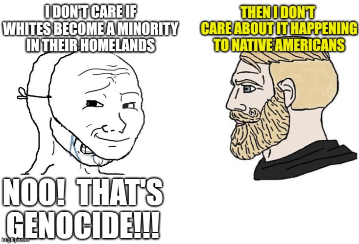 Rules for me means rules for thee | I DON'T CARE IF WHITES BECOME A MINORITY IN THEIR HOMELANDS; THEN I DON'T 
CARE ABOUT IT HAPPENING TO NATIVE AMERICANS; NOO!  THAT'S GENOCIDE!!! | image tagged in masked wojak vs chad | made w/ Imgflip meme maker