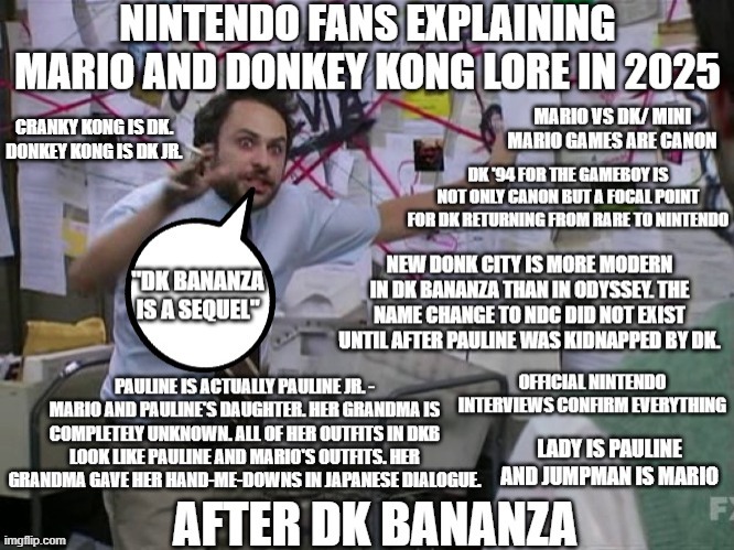 IGN's Nintendo interview the devs said to speculate lore | CRANKY KONG IS DK. DONKEY KONG IS DK JR. | image tagged in charlie conspiracy always sunny in philidelphia,donkey kong,mario,lore,nintendo | made w/ Imgflip meme maker