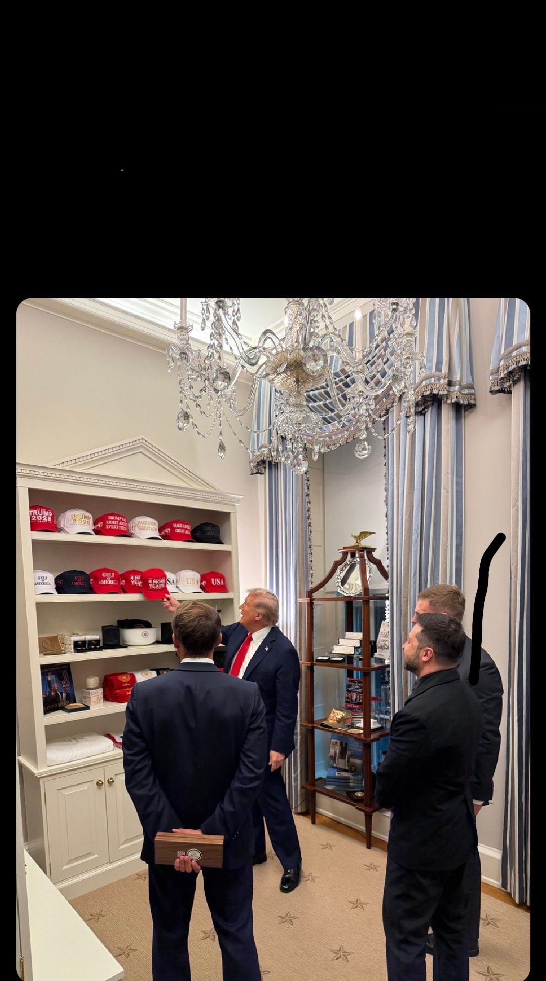 Trump showing his hat to zelensky and macron Blank Meme Template