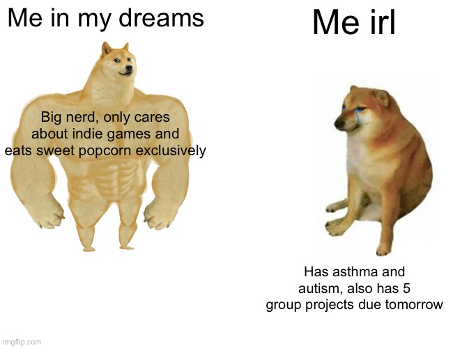 Buff Doge vs. Cheems | Me in my dreams; Me irl; Big nerd, only cares about indie games and eats sweet popcorn exclusively; Has asthma and autism, also has 5 group projects due tomorrow | image tagged in memes,buff doge vs cheems | made w/ Imgflip meme maker
