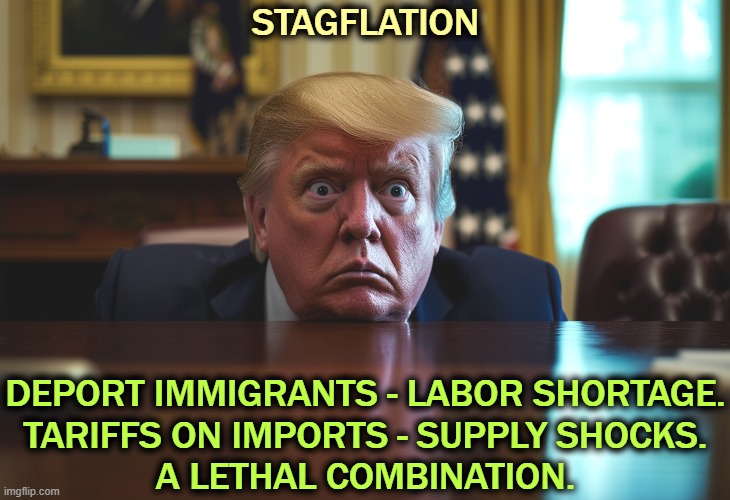 STAGFLATION; DEPORT IMMIGRANTS - LABOR SHORTAGE.
TARIFFS ON IMPORTS - SUPPLY SHOCKS.
A LETHAL COMBINATION. | image tagged in trump,stagflation,immigrants,tariffs,economy,toilet | made w/ Imgflip meme maker