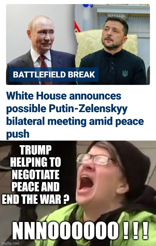 Suck it, Liberals | TRUMP HELPING TO NEGOTIATE PEACE AND END THE WAR ? NNNOOOOOO ! ! ! | image tagged in screaming liberal,leftists,liberals,democrats,meme,trump | made w/ Imgflip meme maker