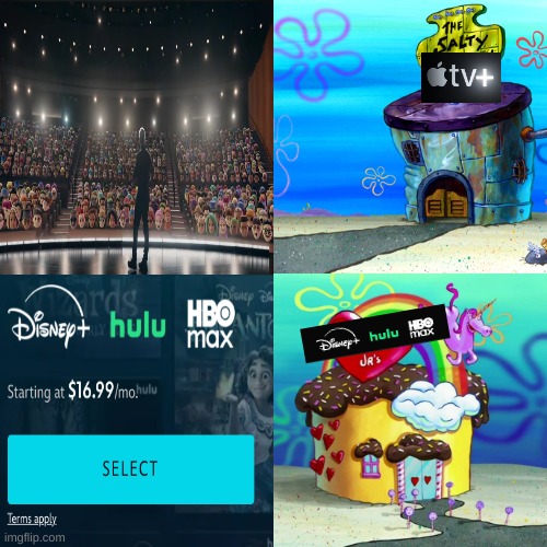 Apple TV + vs Disney+, Hulu, max, remaster | image tagged in salty spitoon vs super weenie hut jr's,apple inc,disney,hulu,hbo max | made w/ Imgflip meme maker