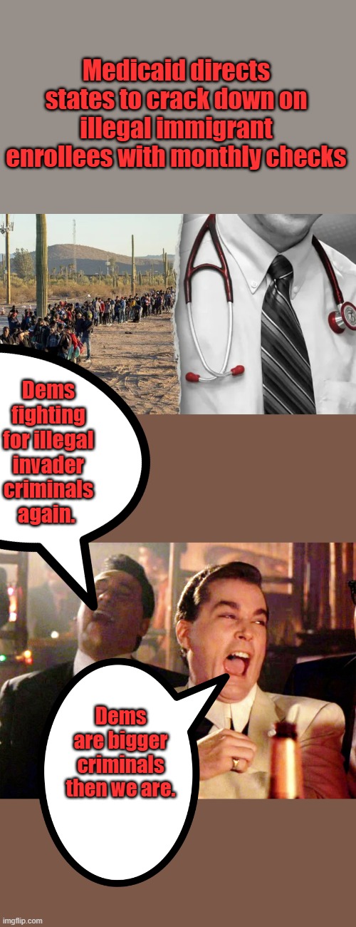 New Trump initiative ensuring illegal immigrants not getting public health benefits. Universal HC in Mexico go home | Medicaid directs states to crack down on illegal immigrant enrollees with monthly checks; Dems fighting for illegal invader criminals again. Dems are bigger criminals then we are. | image tagged in memes,good fellas hilarious | made w/ Imgflip meme maker