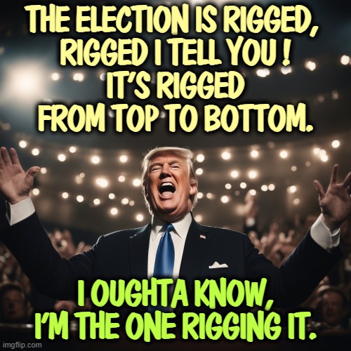 THE ELECTION IS RIGGED, 
RIGGED I TELL YOU !
IT'S RIGGED FROM TOP TO BOTTOM. I OUGHTA KNOW, I'M THE ONE RIGGING IT. | image tagged in trump,rigged elections,dishonest donald,maga | made w/ Imgflip meme maker