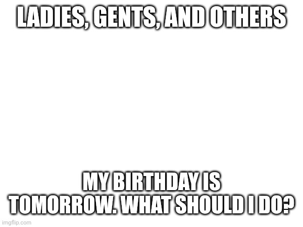 Questions? | LADIES, GENTS, AND OTHERS; MY BIRTHDAY IS TOMORROW. WHAT SHOULD I DO? | image tagged in images | made w/ Imgflip meme maker