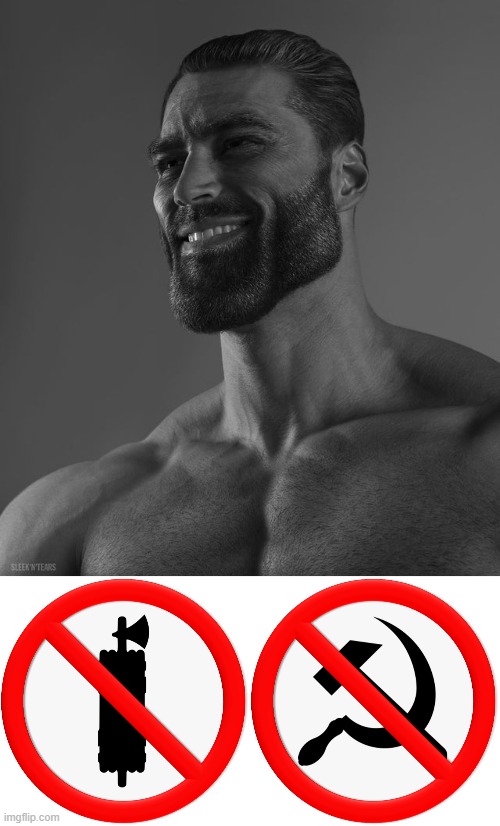 giga anti fascist anti communist | image tagged in giga chad,communism,fascism | made w/ Imgflip meme maker