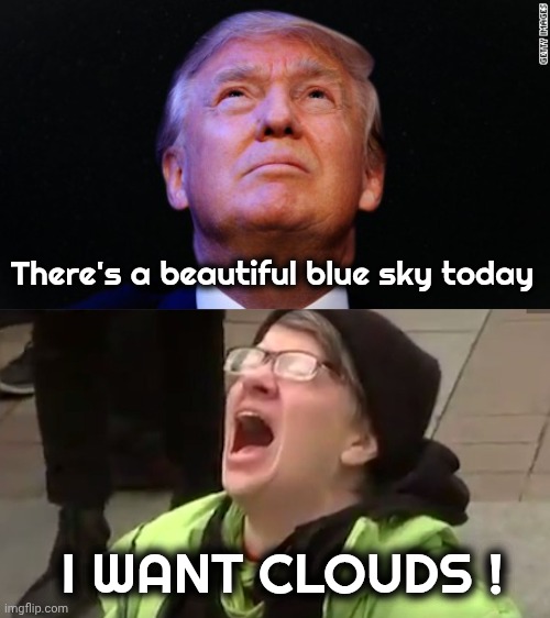 There's a beautiful blue sky today I WANT CLOUDS ! | image tagged in trump looking up,screaming liberal | made w/ Imgflip meme maker