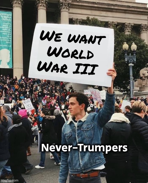 Man holding sign | We want World War III Never-Trumpers | image tagged in man holding sign | made w/ Imgflip meme maker