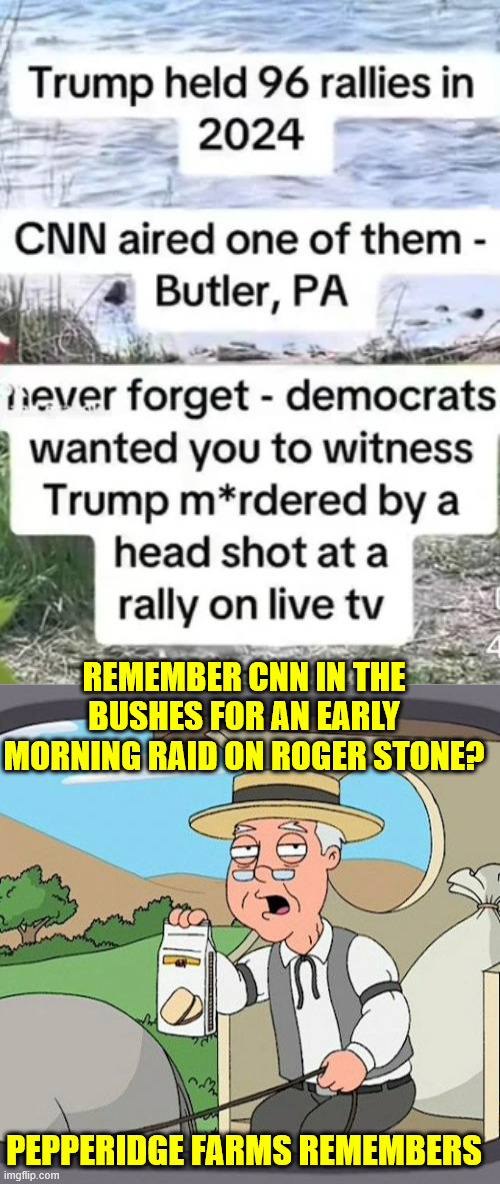 Not the first time the government tipped off CNN | REMEMBER CNN IN THE BUSHES FOR AN EARLY MORNING RAID ON ROGER STONE? PEPPERIDGE FARMS REMEMBERS | image tagged in memes,pepperidge farm remembers,not first time for cnn | made w/ Imgflip meme maker