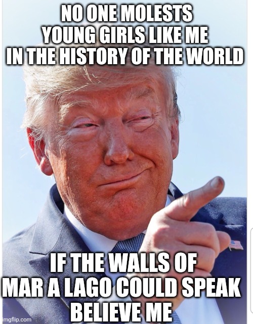 Trump pointing | NO ONE MOLESTS YOUNG GIRLS LIKE ME 
IN THE HISTORY OF THE WORLD IF THE WALLS OF MAR A LAGO COULD SPEAK 
BELIEVE ME | image tagged in trump pointing | made w/ Imgflip meme maker