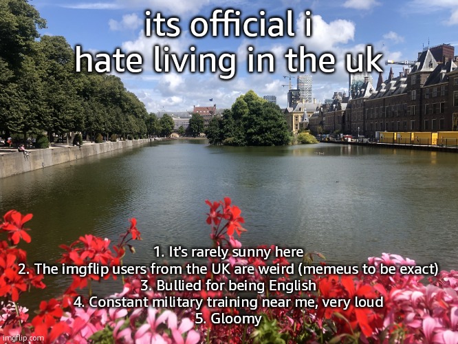 Roses | its official i hate living in the uk; 1. It's rarely sunny here
2. The imgflip users from the UK are weird (memeus to be exact)
3. Bullied for being English
4. Constant military training near me, very loud
5. Gloomy | image tagged in roses | made w/ Imgflip meme maker