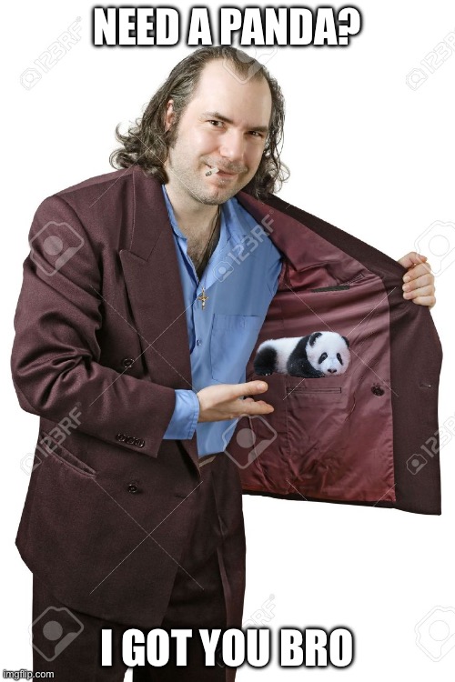 Panda dealer | NEED A PANDA? I GOT YOU BRO | image tagged in drug dealer,panda | made w/ Imgflip meme maker