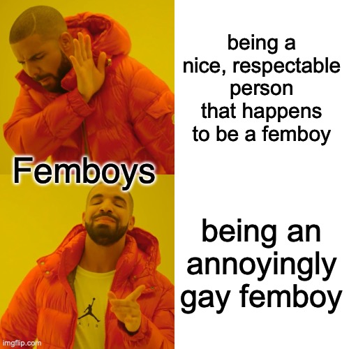 @Goon_Knight | being a nice, respectable person that happens to be a femboy; Femboys; being an annoyingly gay femboy | image tagged in memes,drake hotline bling | made w/ Imgflip meme maker