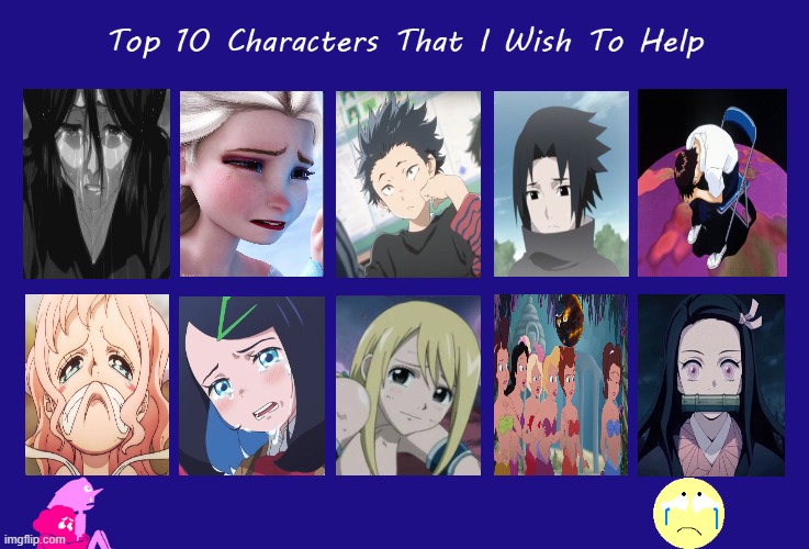 top 10 characters that i wish to help | image tagged in top 10 characters that i wish to help,please help me,sadness,anime,movies,depression | made w/ Imgflip meme maker