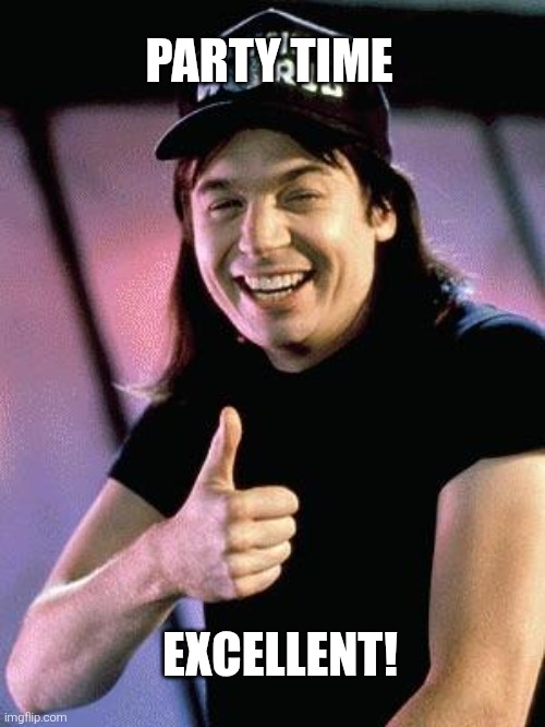 Wayne's world  | PARTY TIME EXCELLENT! | image tagged in wayne's world | made w/ Imgflip meme maker