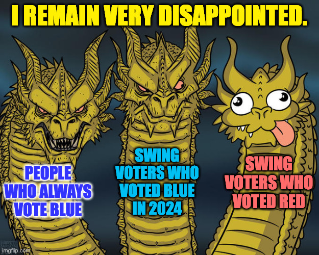 I know it's not polite but my Homo erectus genes want to thrash somebody. | I REMAIN VERY DISAPPOINTED. SWING
VOTERS WHO
VOTED BLUE
IN 2024; SWING VOTERS WHO VOTED RED; PEOPLE
WHO ALWAYS
VOTE BLUE | image tagged in three-headed dragon,memes | made w/ Imgflip meme maker