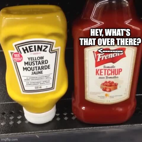 French's ketchup Heinz mustard | HEY, WHAT'S THAT OVER THERE?
<-------- | image tagged in french's ketchup heinz mustard | made w/ Imgflip meme maker