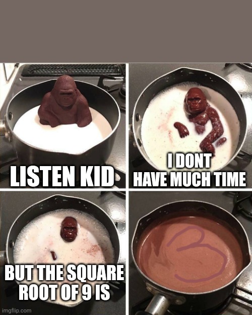 3 | LISTEN KID; I DONT HAVE MUCH TIME; BUT THE SQUARE ROOT OF 9 IS | image tagged in chocolate gorilla | made w/ Imgflip meme maker