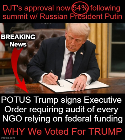 B r i l l i a n t ! | DJT's approval now 54% following 
summit w/ Russian President Putin; BREAKING
News; POTUS Trump signs Executive 
Order requiring audit of every 
NGO relying on federal funding; WHY We Voted For TRUMP | image tagged in donald trump,on fire,make america great again,audit fraud waste,executive order trump,approval | made w/ Imgflip meme maker